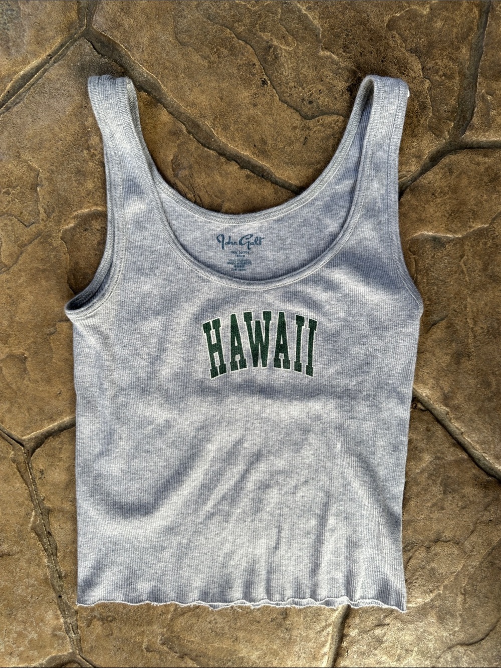 Brandy Melville Light Gray Ribbed 'HAWAII' Tank with Green Print